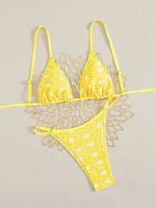 Swim Mod 2pcs/Set Summer New Solid Color Sexy Backless Bikini Swimwear Set - Yellow - View 4