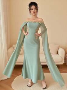 Rafferiza Váy đuôi cá dài trễ vai ôm sát eo, họa tiết hoa vàng thanh lịch, gợi cảm, đa năng, màu đen, trang phục mùa xuân/hè cho trường đại học, vải thu dành cho nữ - xanh xám - Xem 5