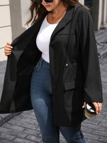 Rosumi Plus Size Women's Autumn Casual Solid Color Zip-Up Waterproof Casual Black Hooded Jacket,Cinched Waist Black Lightweight Hooded Trench Coat With Pockets, Fall Women Clothes,Fall,Winter Clothes For Women,Vintage,Going Out Outfits,Fall Clothes For Women,Fall Outfits,Winter Jacket,Trench Coat,Winter Jacket For Women,2025 New