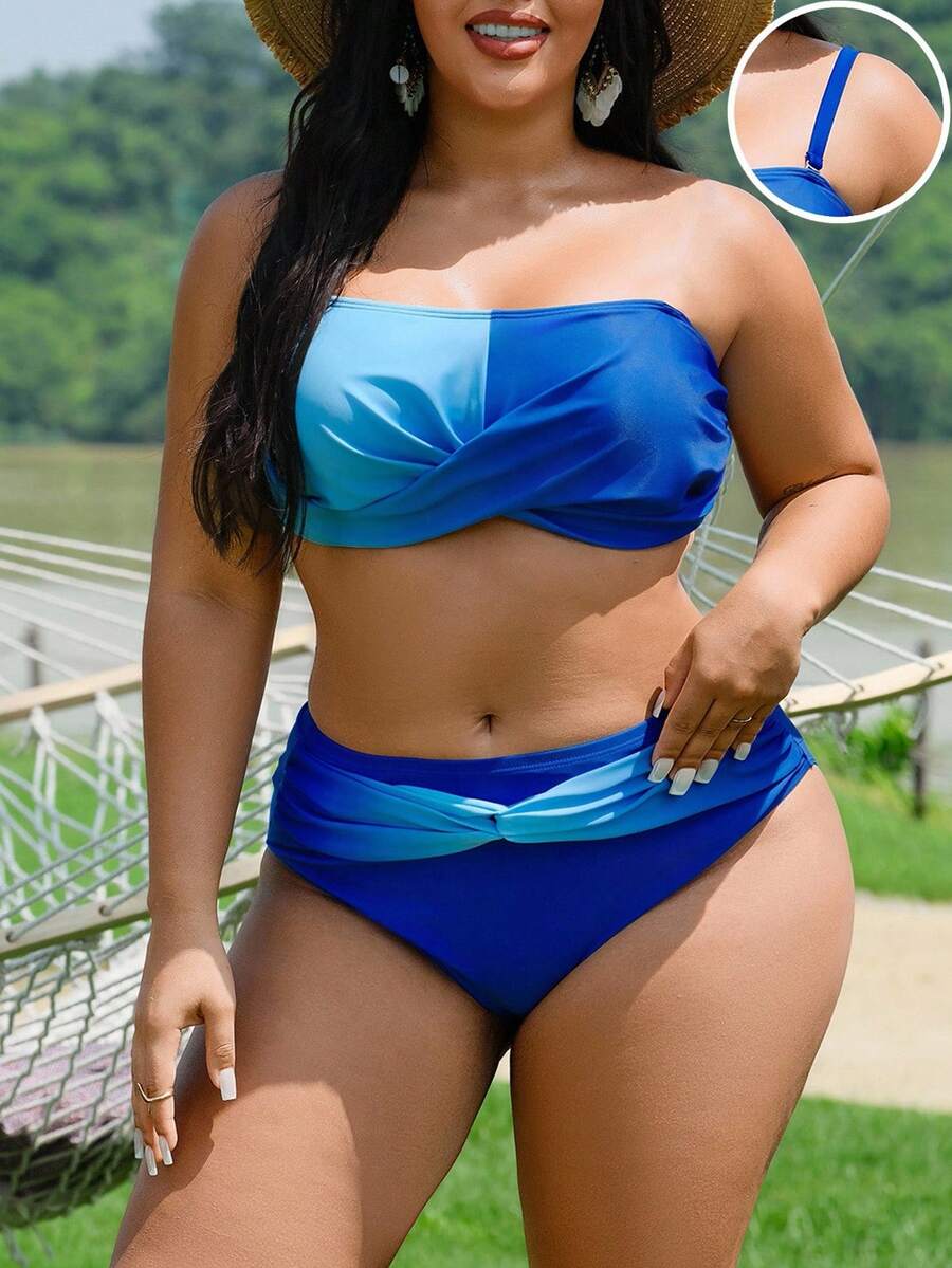 Slaydiva Conjunto de traje de baño de 2 piezas con estampado digital degradado sexy tipo bandeau para mujer de talla grande, ropa de playa y piscina de alta gama - Multicolor - Ver 1