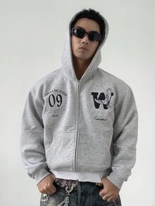 DAZY 男士字母刺绣街头风连帽卫衣，秋季 - 灰色 - 查看 6