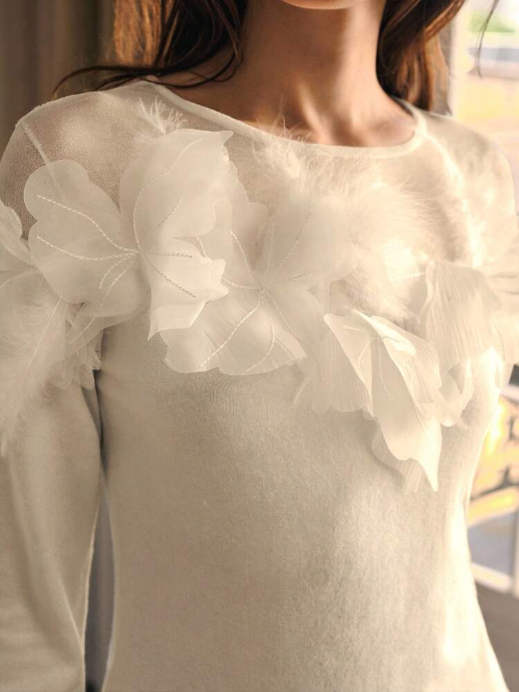FEATHER & FLORAL APPLIQUES SLIM FIT SWEATER