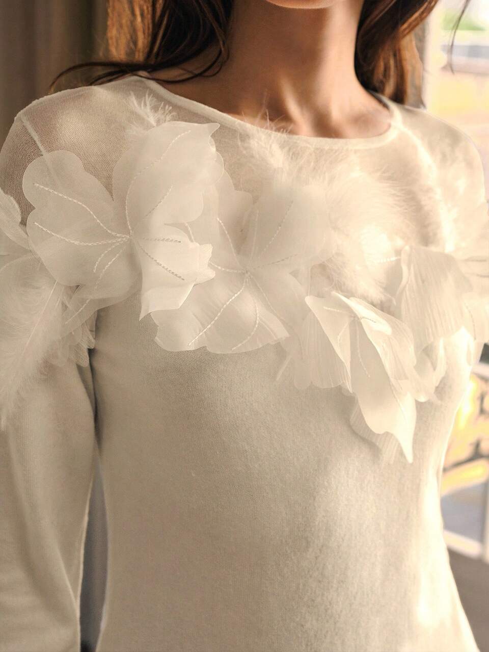 FEATHER & FLORAL APPLIQUES SLIM FIT SWEATER