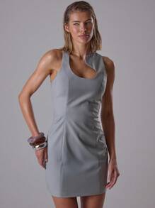 MUSERA 独特不对称领口修身收腰拉链迷你连衣裙，优雅夜间外出秋季性感可爱酷女孩街头风，适合黎明、秋季、春季、夏季和假期穿着。 - 灰色 - 查看 1