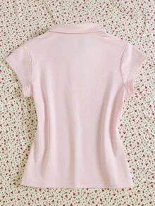 INAWLY 女式夏季字母印花 Polo 领短袖休闲 T 恤 - 淺粉色 - 查看 2