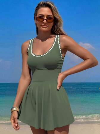 Swim Lushoire Ladies' Solid Color Swimwear Two Pieces Set With Beach Dress, Leisure Vacation Beach For Summer