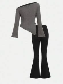 Girlism 少女不对称下摆荷叶边 T 恤和纯黑色喇叭裤两件套服装，休闲简约，秋季服装 - 彩色 - 查看 2