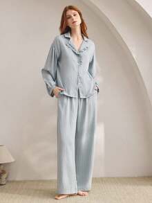 Ocili 女式条纹印花荷叶边翻领灯笼袖宽松睡衣上衣，春秋季 - 藍色 - 查看 7