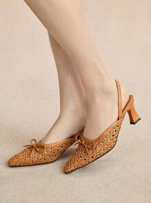 Rosivie Sandalias de tacón medio cuadrado con lazo plateado tejido y hueco, zapatos de verano elegantes para exteriores con correa de tobillo para mujer