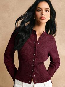 Elaquor Áo len cardigan dệt kim tay dài trễ vai màu trơn cỡ lớn dành cho nữ, mùa thu - Màu Đỏ Sâu - Xem 7