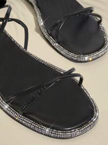 Women Fashion Sparkling Design Thin Strappy Buckle Flat Sandals - Black - View 2