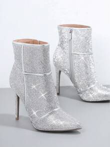SHUZIA Rhinestone Point Toe Stiletto Heeled Boots - Silver - View 5