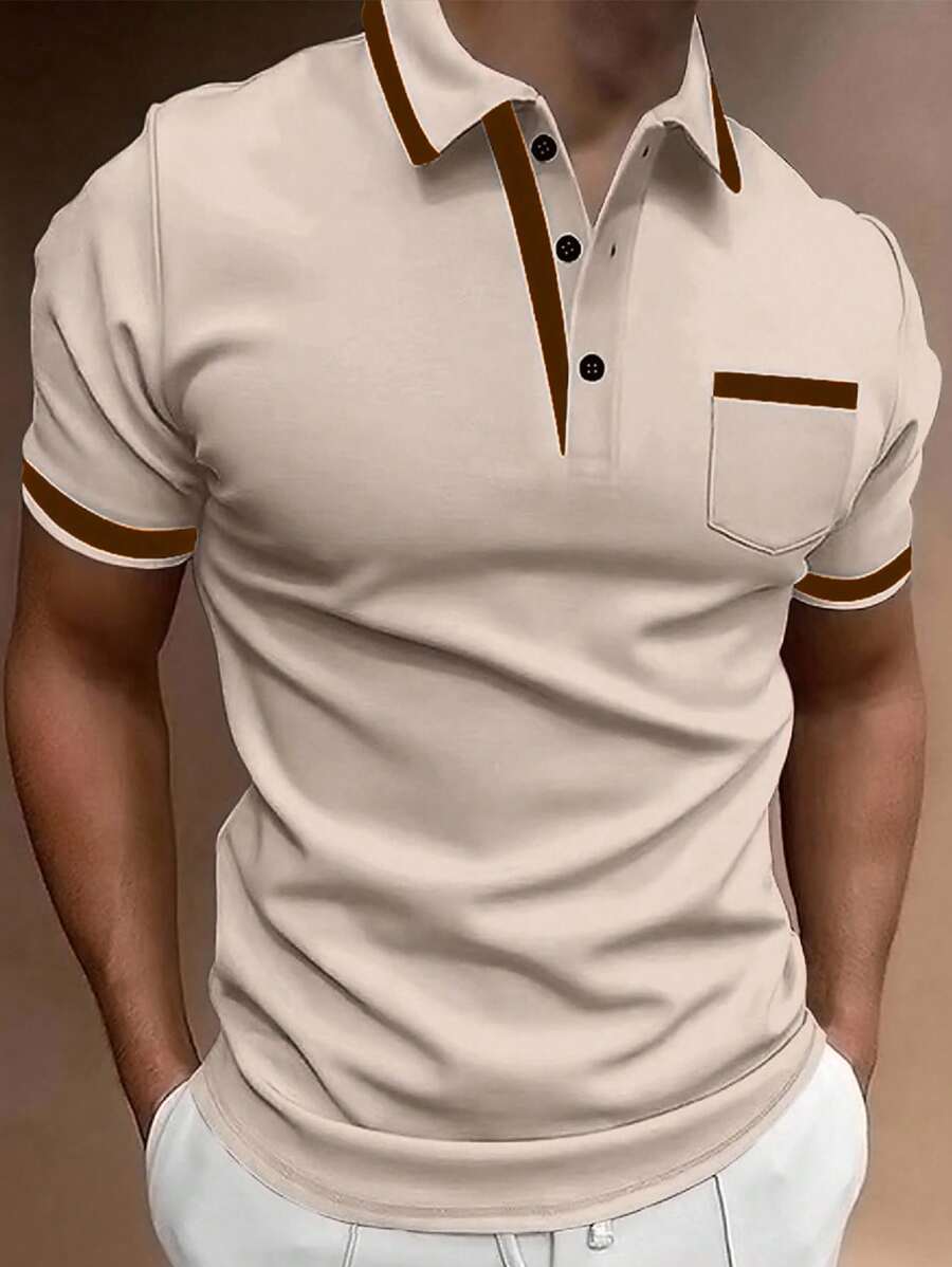 Calvornis 男士条纹短袖休闲通勤 Polo 衫 - 卡其色 - 查看 1