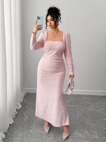 Elenzga Đầm dự tiệc và công sở dáng ôm co giãn cổ vuông tay dài thanh lịch cho nữ cỡ lớn - Hồng - Xem 1