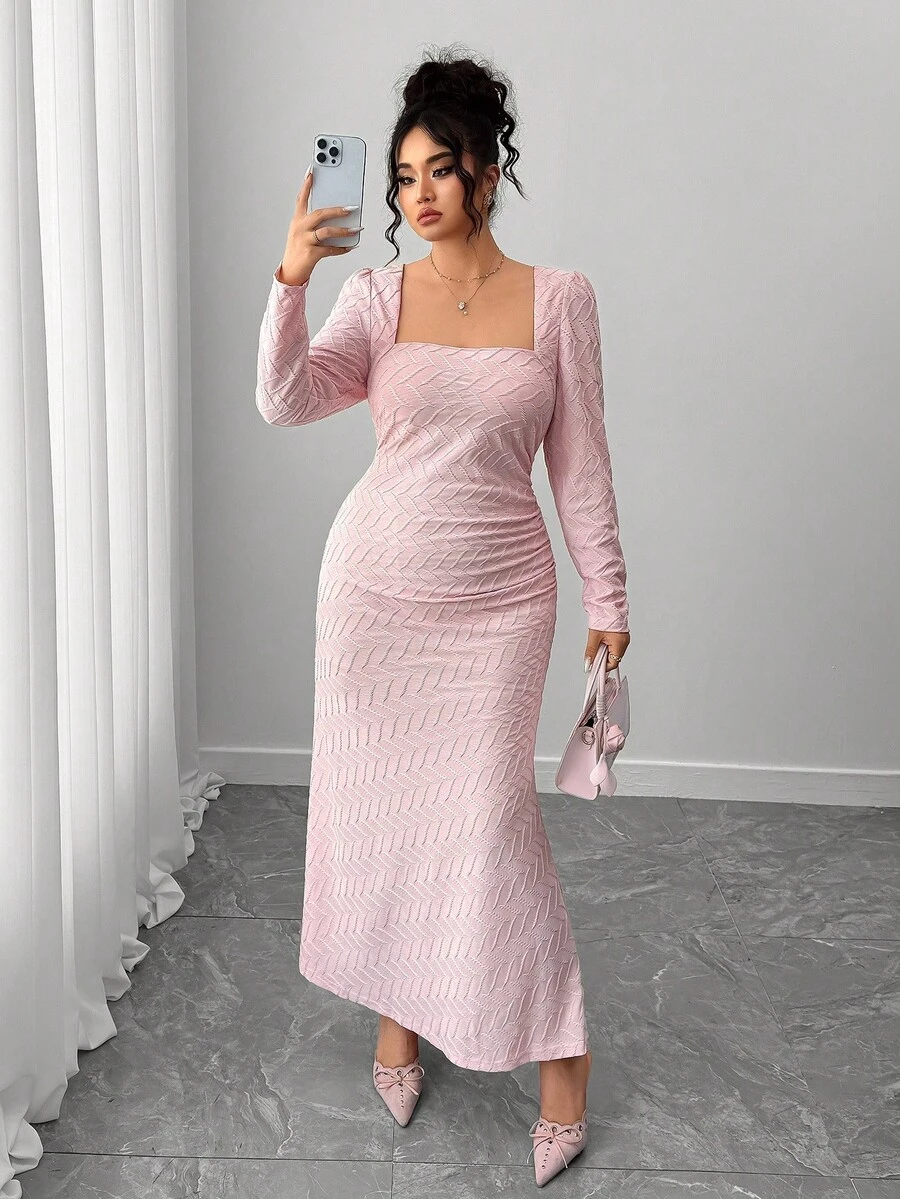 Elenzga Đầm dự tiệc và công sở dáng ôm co giãn cổ vuông tay dài thanh lịch cho nữ cỡ lớn - Hồng - Xem 1