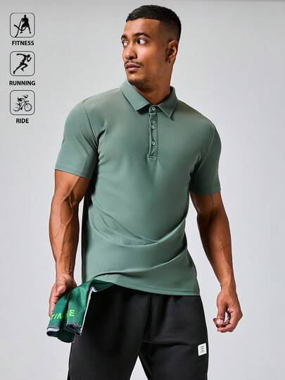 Manfinity Acti Log Men's Solid Color Short Sleeve Casual Fitness Sports Polo T-Shirt, Summer