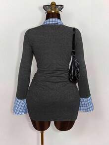 SHEIN Women's Plaid Patchwork Waist Cinched Midi Dress Fall Cloth For Women - Dark Grey - View 2