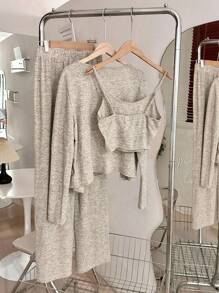 SHEIN CURVE+ 3 件套大码休闲针织吊带背心、纯色夹克和裤子套装，秋冬 - 灰色 - 查看 2