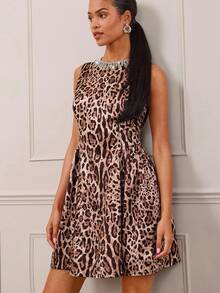 Lilora Elegant Leopard Print, Light Luxury, Sleeveless, Round-Neck, Diamond-Encrusted, Waist-Cinched, Large-Hem Women's Short Dress For Prom, Business, Retro, Party, Resort, Outing, Old Money,Siren Coquettish, Prom, Ball, Valentine's Day, Cruise Attire, Commuting,  Richly Layered, Date Night, Gathering, Minimalism, Birthday, Formal Event, Break, Modest, Chic, Casual, Shopping, Street Wear, Going Out, Coquette Cheetah Print