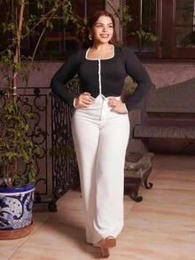 Lupita Cardoza Women's Black & White Color Block Decorative Button Fitted T-Shirt, Elegant & Fashionable - Black - View 4