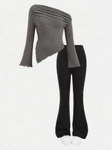 Girlism 少女不对称下摆荷叶边 T 恤和纯黑色喇叭裤两件套服装，休闲简约，秋季服装 - 彩色 - 查看 10