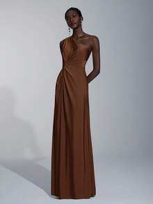 SHEIN Belle Women's Romantic Elegant Brown Elastic Knit Fabric One-Shoulder Twist Loose A-Line Bridesmaid Dress