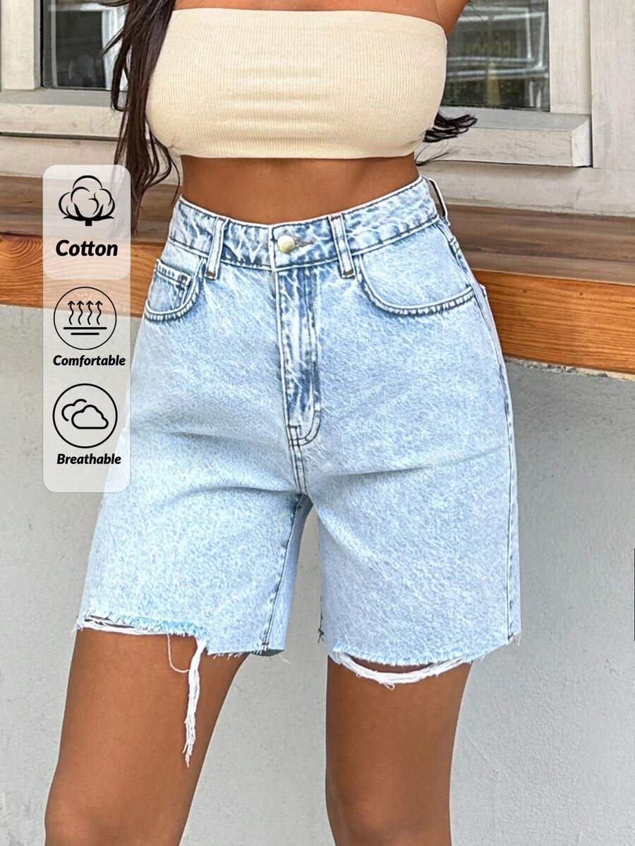 EURMUSE 100%Cotton Rigid, Back Label And Washing Detailed Short - Light Wash - View 1