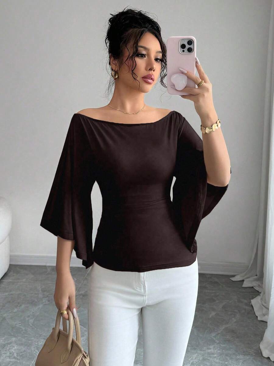 Elenzga Women's Solid Color Boat Neck Flare Sleeve Knit Fashion T-Shirt - Coffee Brown - View 1