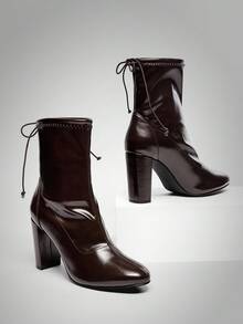 SHUZIA Women's Comfortable, Durable, Essential Self-Tie Block Heel Booties - Chocolate Brown - View 7
