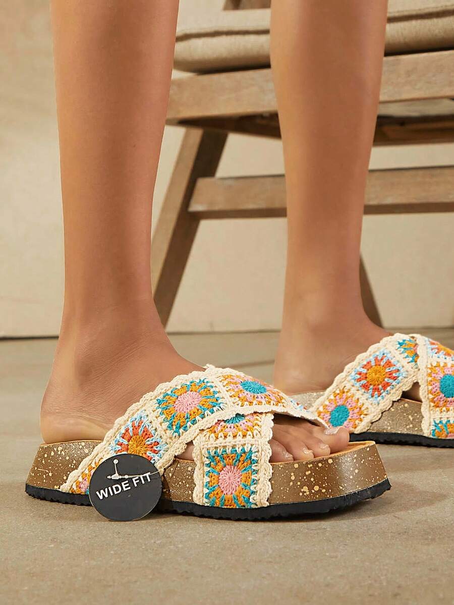 SHUZIA 2024 Wide Fit Birken Cork Slippers, Summer Retro Crochet Accent Flatform Sandals, Comfort Colorful Touch - Beige - View 1