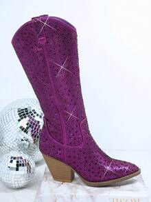 SHUZIA Botas altas de mujer de estilo western con brillantes de color púrpura, un éxito de : Elegancia misteriosa, clásico noble, versátil y sexy - Morado - Ver 3