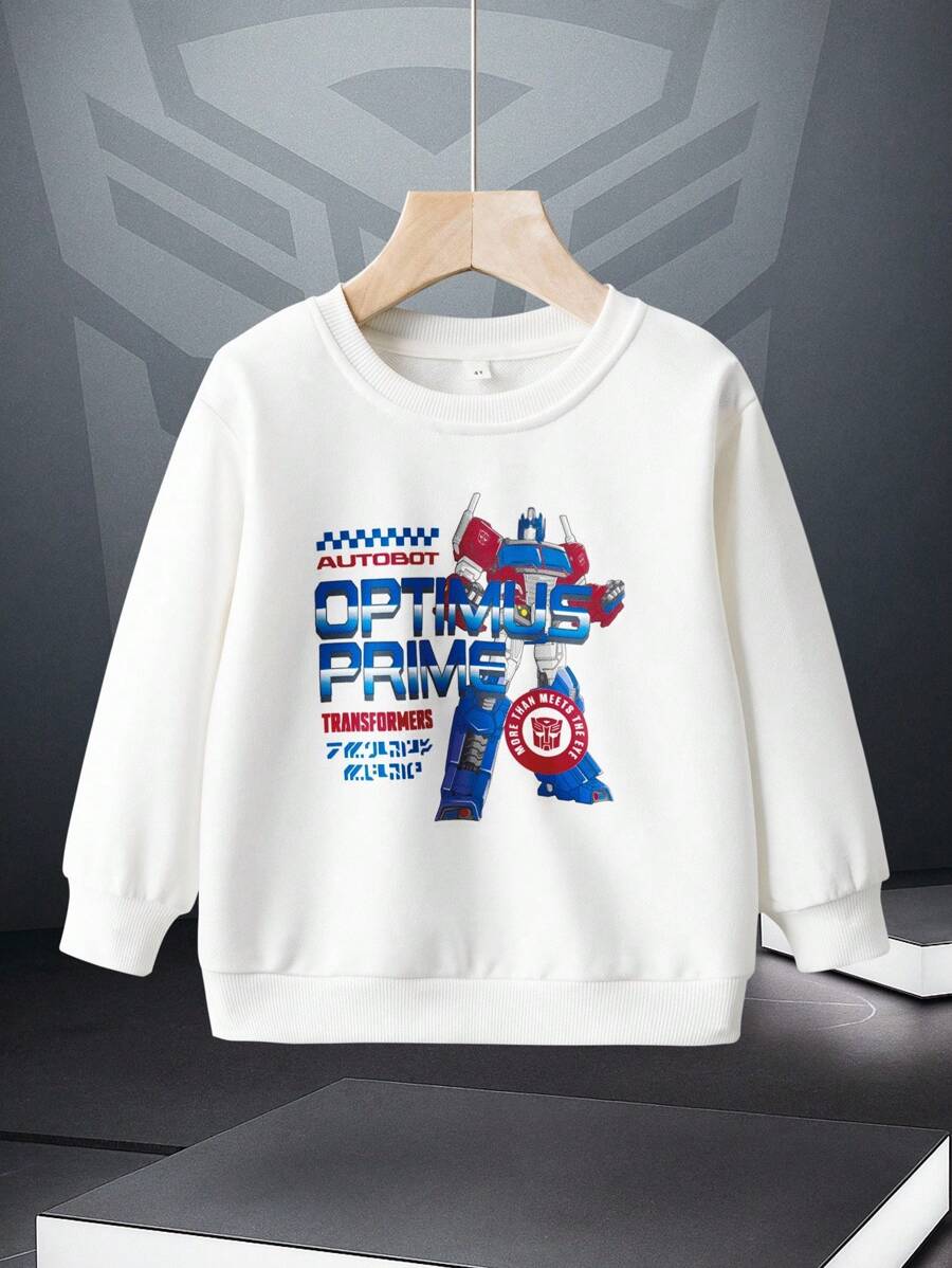 Transformers X SHEIN بلوزة رياضية واسعة بياقة مستديرة وأكمام منسدلة مزينة برسومات حرف وروبوت للأولاد - أبيض - مشاهدة 1