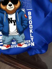 Tween Boy Casual Minimalist NY Cartoon Bear Pattern Loose Fit Long Sleeve Sweatshirt, Suitable For Autumn/Winter Fall - Blue - View 3