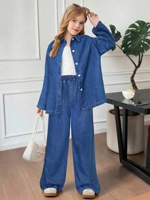 SHEIN 2件套女童蓝色牛仔休闲衬衫和宽松裤子套装 - 中等水洗藍 - 查看 7