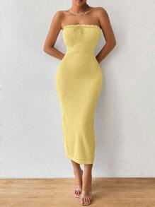 Chiquease Váy Bandeau dệt kim gợi cảm mùa thu/đông dành cho nữ, phong cách nghỉ dưỡng - Màu Mù tạt vàng - Xem 5
