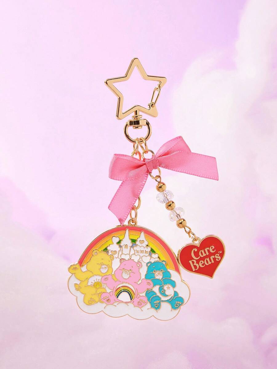 SHEIN X Care Bears 3 件可爱蝴蝶结、心形、彩虹、星星图案泰迪熊锌合金钥匙扣、包包挂件、收藏礼物、金色 - 彩色 - 查看 1