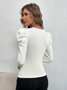 EURMUSE Elegant blus med fyrkantig halsringning och Gigot-ärm - Vitt - Visa 2