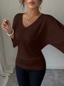 Elenzga Women's Casual Batwing Sleeve V-Neck Solid Color Fitted Short Sleeve T-Shirt - Coffee Brown - View 6