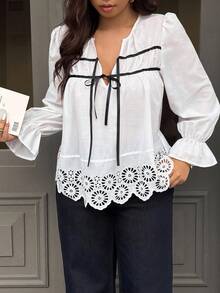 Easura Blouse ample à manches longues et col V pour femmes grandes tailles, avec nœud à l'avant et design ajouré brodé - Blanc - Voir 5