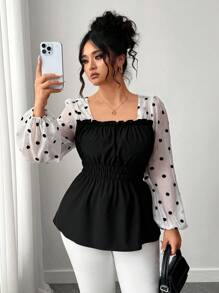 Elenzga Plus Size Women's Casual Bubble Sleeve Shirt, Minimalist Design, Flattering, Suitable For Spring & Autumn Fall Cloth For Women