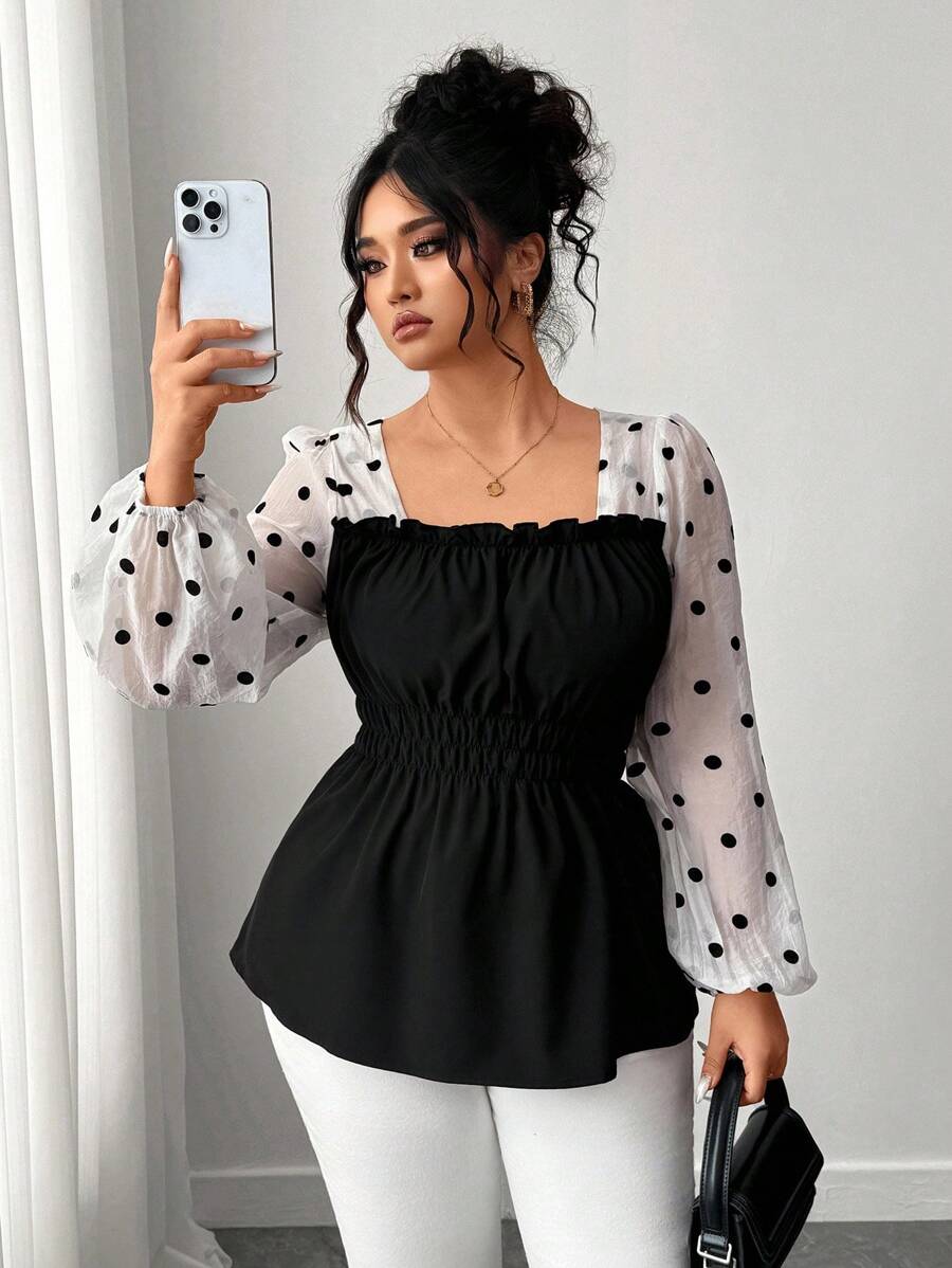 Elenzga Plus Size Women's Casual Bubble Sleeve Shirt, Minimalist Design, Flattering, Suitable For Spring & Autumn Fall Cloth For Women