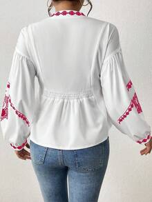 SHEIN LUNE Women's Shirred Graphic Print Long Sleeve Button Shirt Peplum Top Fall Cloth For Women