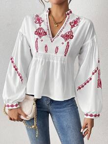 SHEIN LUNE Women's Shirred Graphic Print Long Sleeve Button Shirt Peplum Top Fall Cloth For Women