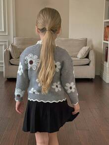 SHEIN LMoss Kids 少女花卉图案灰色长袖毛衣，可爱百搭，秋冬 - 灰色 - 查看 6