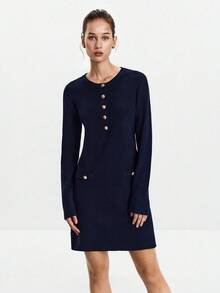 Lumivelle Women's Solid Color Round Neck Single-Breasted Casual Knit Sweater Dress Fall Winter Cloth For Women