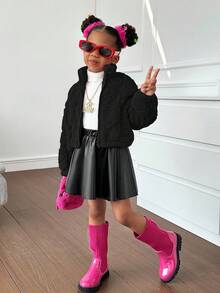 SHEIN 秋冬少女休闲舒适人造毛皮夹克 - 黑色 - 查看 7