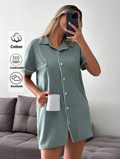 SHEIN PETITE Size Cotton Women Blue Button Front With Contrast Colour Detail Binding Short Sleeved Homewear Comfort Casual Lounge Pajama Dress