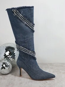 SHUZIA Women's Fashionable High-Top Boots With Pointed Toe And Glitter Decoration - Blue - View 6