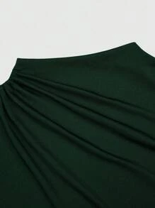 SHEIN Clasi 2 件套女士通勤褶皱针织短袖上衣和宽松长裙，酒红色，加大码，春夏 - 綠色 - 查看 4
