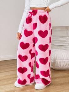 少女爱心印花抓绒直筒裤，休闲抽绳爱心印花抓绒长裤，日常休闲穿着，母女装（两件套分开出售） - 粉色 - 查看 1